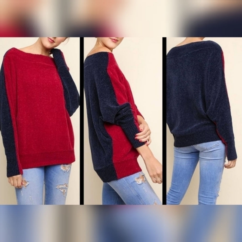Umgee Red And Navy Off Shoulder Dolman Colorblock Chenille Knit Pullover Sweater